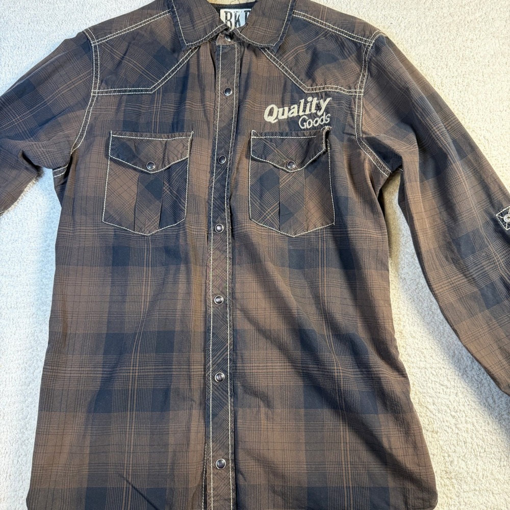 BKE Mens Brown Plaid Western Pearl Snap Button Down Shirt Quality Goods